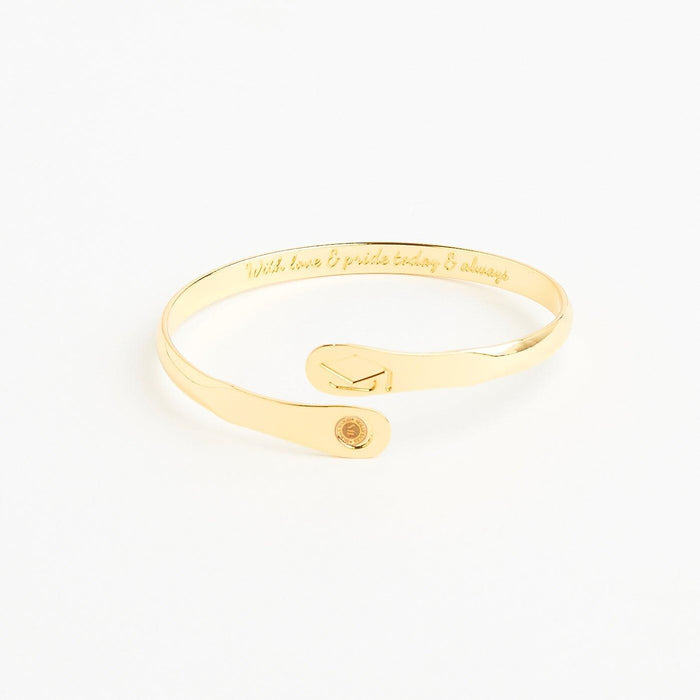 Gold engraved graduation charm bracelet with cap charm and round coin-style tag