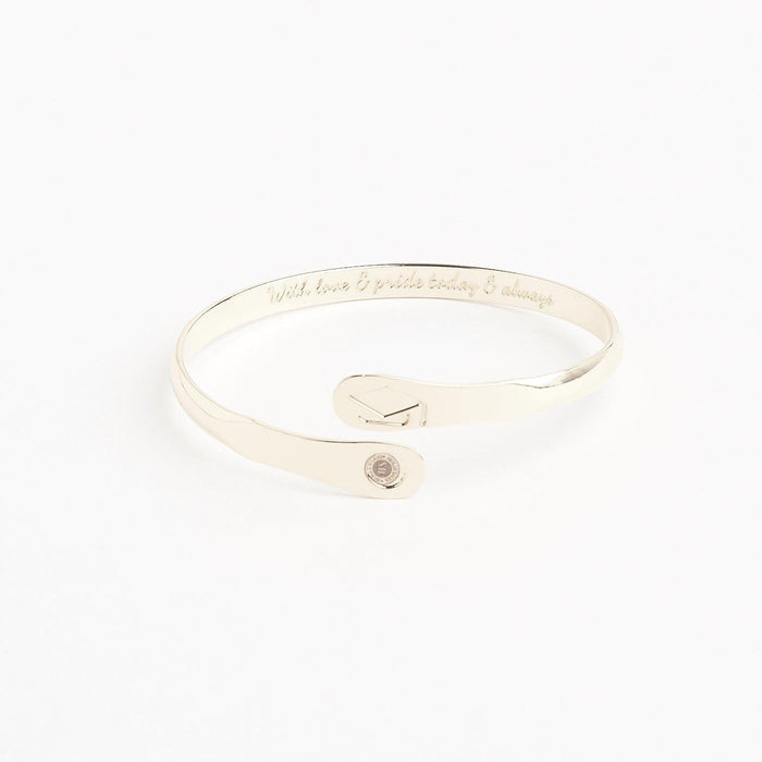 Silver engraved graduation bracelet with graduation cap charm and round medal tag