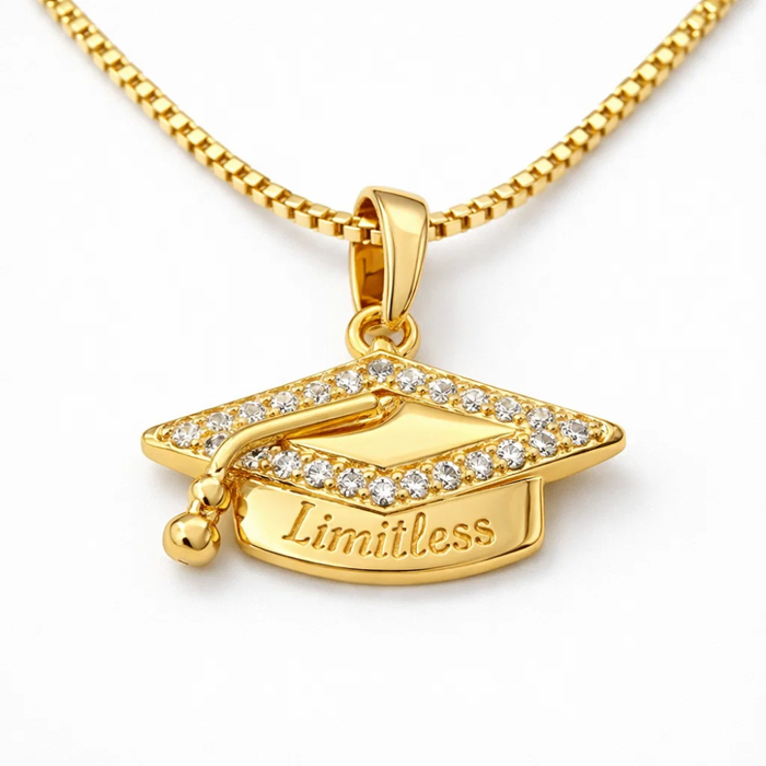 Gold graduation cap pendant necklace with “Limitless” engraving and crystal trim