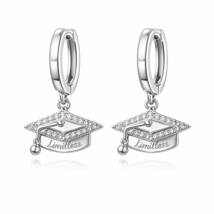 Silver huggie hoop earrings with graduation cap charm and small tassel, “Limitless”