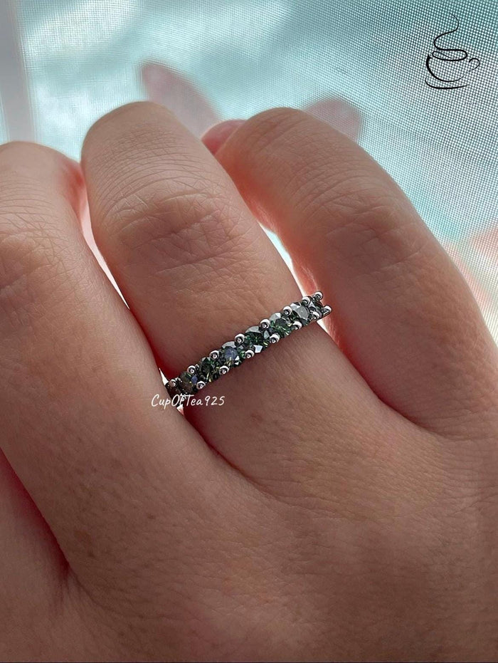 Green Moissanite band. Sterling silver 925 half eternity band with Green Moissanite, wedding band, moissanite ring