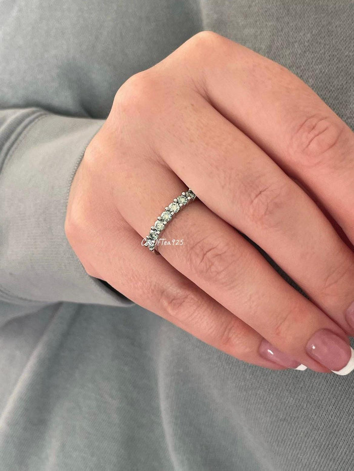 Green Moissanite band. Sterling silver 925 half eternity band with Green Moissanite, wedding band, moissanite ring