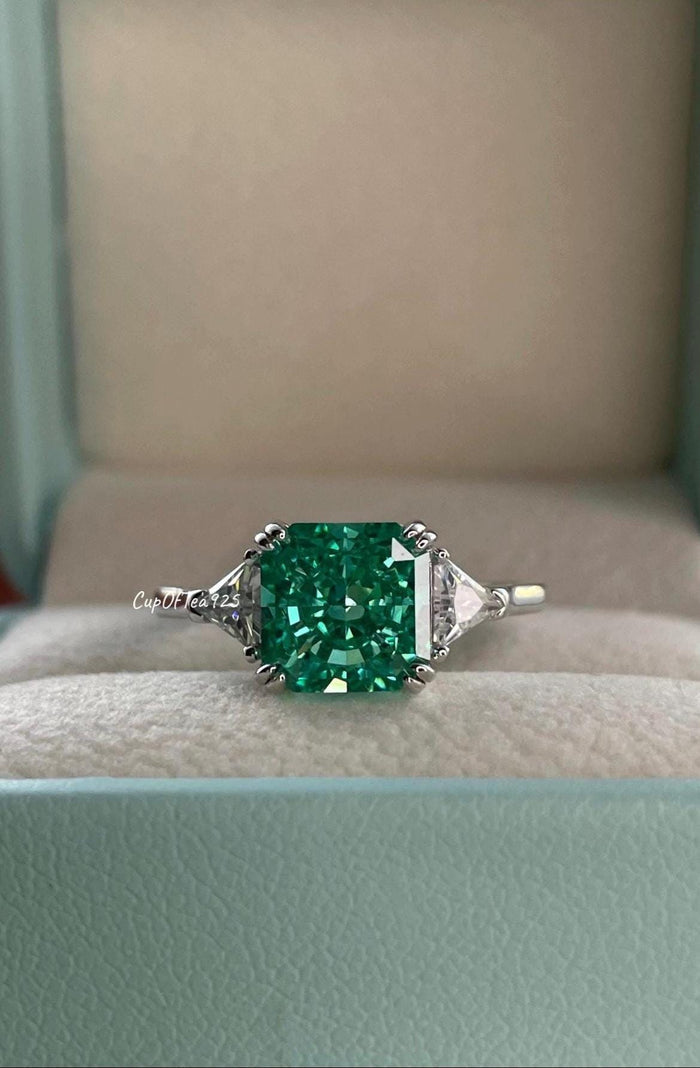Green Parabia CZ Engagement Ring: Crushed Ice Sterling Silver 3CT