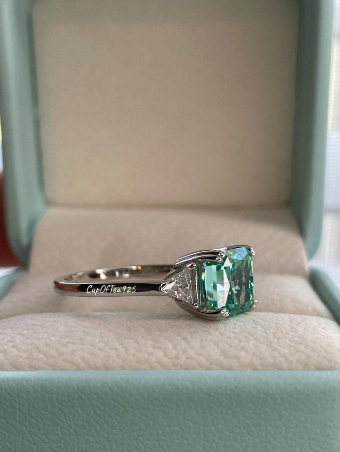 Green Parabia CZ Engagement Ring: Crushed Ice Sterling Silver 3CT