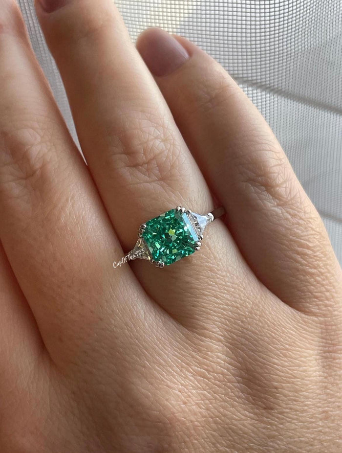Green Parabia CZ Engagement Ring: Crushed Ice Sterling Silver 3CT