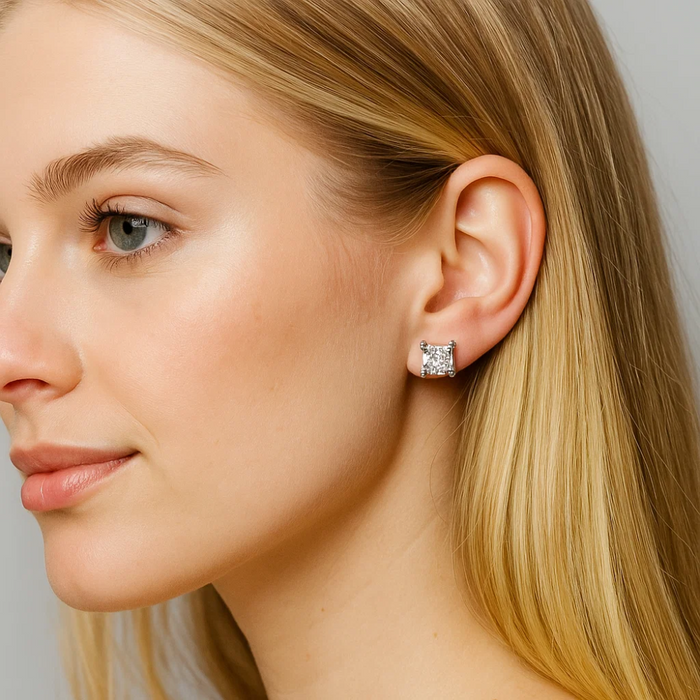 Model wearing square princess-cut cubic zirconia stud earrings, silver-tone