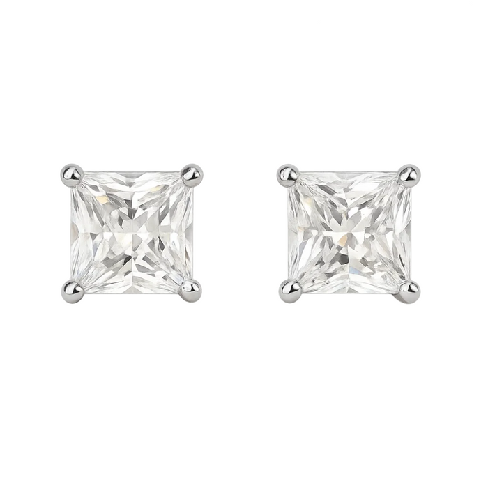 Pair of princess-cut cubic zirconia stud earrings with clear square stones