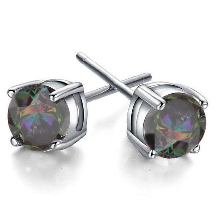 Round topaz stud earrings with prong-set rainbow gemstone in silver-tone bezel