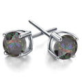 Round topaz stud earrings with prong-set rainbow gemstone in silver-tone bezel