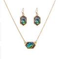 Hexagon abalone pendant necklace with matching hexagon abalone drop earrings, gold-tone
