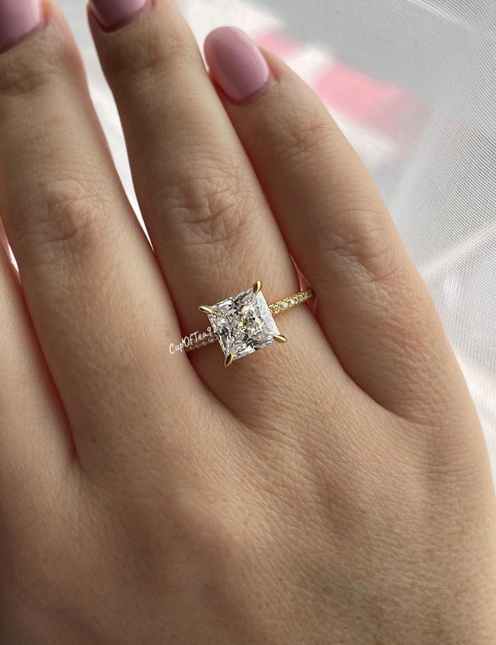 Hidden Halo ring. 18K yellow gold over Sterling Silver 925 engagement ring with 3CT princess cut simulated diamond and hidden halo.