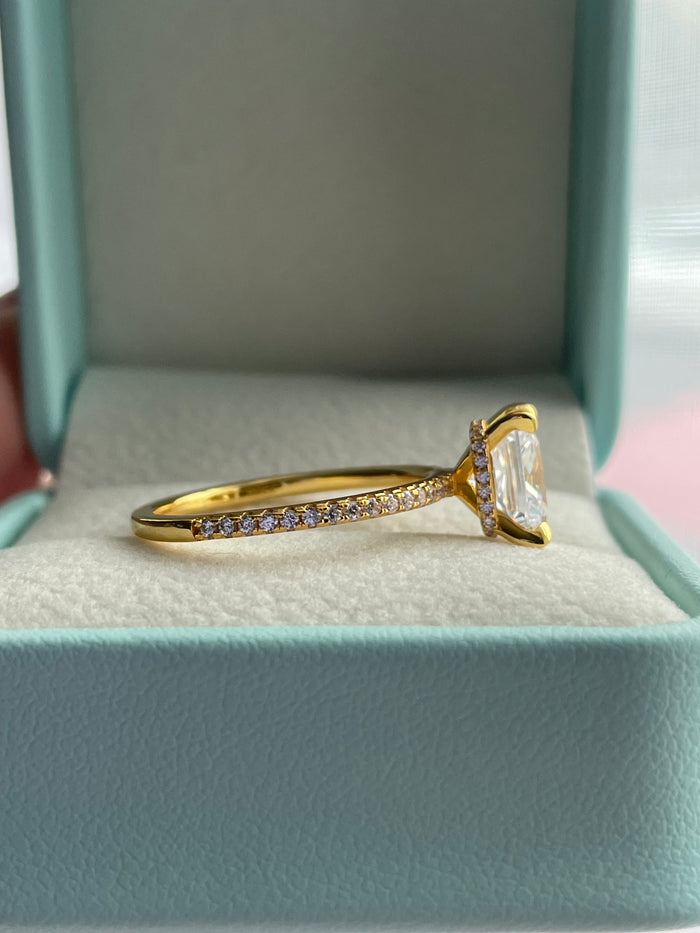 Hidden Halo ring. 18K yellow gold over Sterling Silver 925 engagement ring with 3CT princess cut simulated diamond and hidden halo.