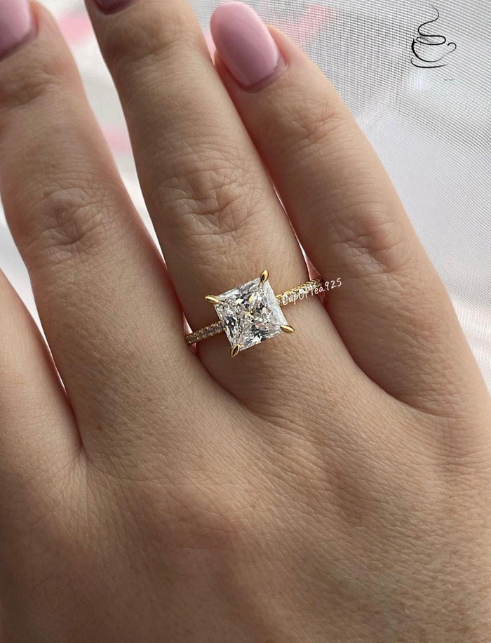 Hidden Halo ring. 18K yellow gold over Sterling Silver 925 engagement ring with 3CT princess cut simulated diamond and hidden halo.