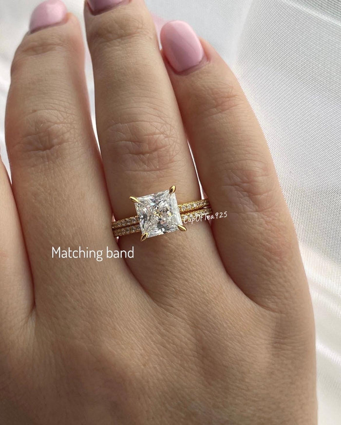 Hidden Halo ring. 18K yellow gold over Sterling Silver 925 engagement ring with 3CT princess cut simulated diamond and hidden halo.