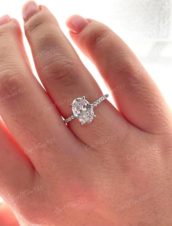 Hidden Halo. Sterling Silver 925 engagement ring with 2.5CT oval cut D VVS moissanite or CZ diamonds,yellow gold,rose gold