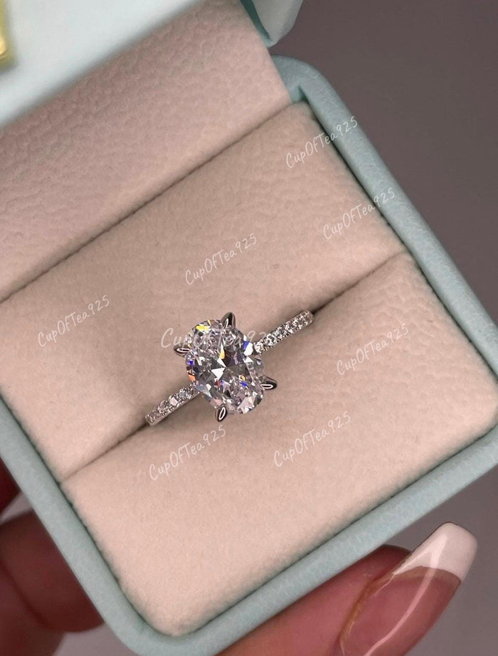 Hidden Halo. Sterling Silver 925 engagement ring with 2.5CT oval cut D VVS moissanite or CZ diamonds,yellow gold,rose gold