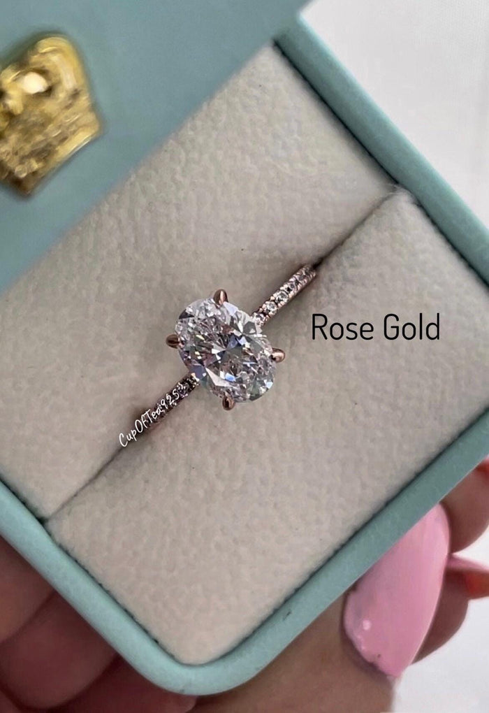 Hidden Halo. Sterling Silver 925 engagement ring with 2.5CT oval cut D VVS moissanite or CZ diamonds,yellow gold,rose gold