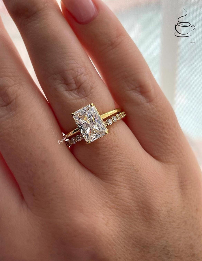 Hidden halo.Gold over Sterling Silver 925 Bridal Set with 2CT,3CT Radiant Cut CZ engagement ring with hidden halo and half eternity band.