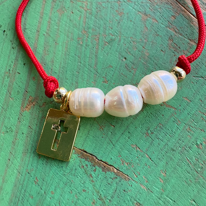 Holy Trinity Pearl Red Cord Bracelet with Gold Cross – Adjustable Faith Bracelet