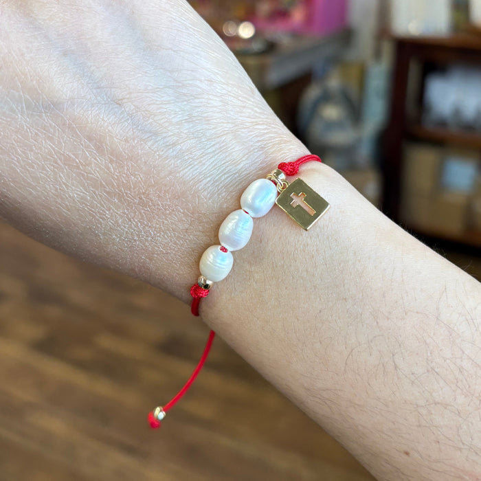 Holy Trinity Pearl Red Cord Bracelet with Gold Cross – Adjustable Faith Bracelet