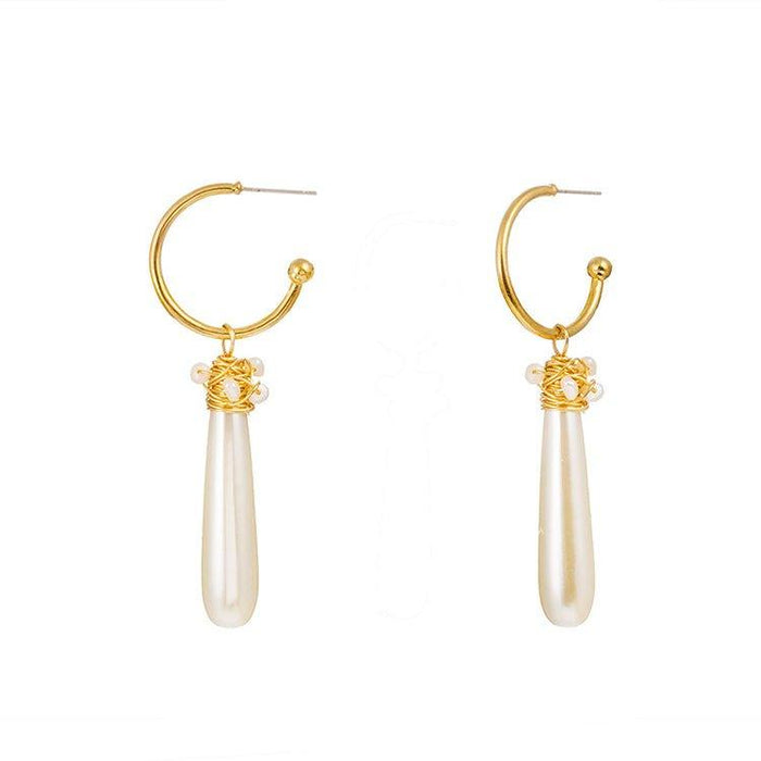 Gold hoop dangle earrings with pearly teardrop pearl charm