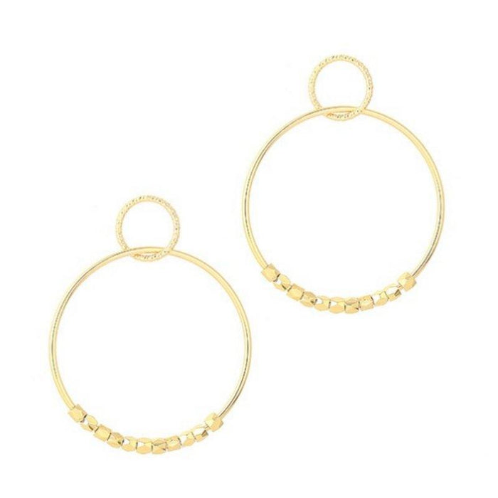 Gold hoop dangle earrings with thin circular hoops and bead-like chain detailing