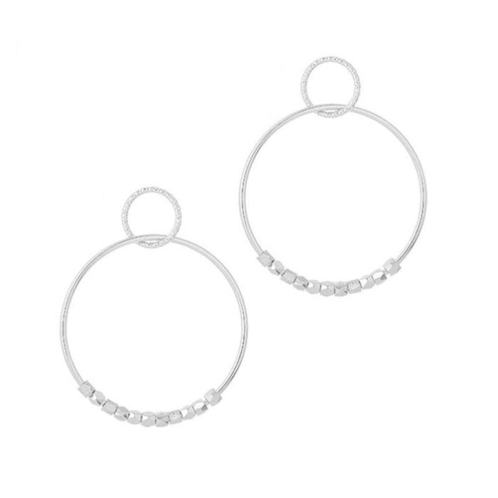 Silver hoop dangle earrings with thin circular hoops and bead-like chain detailing
