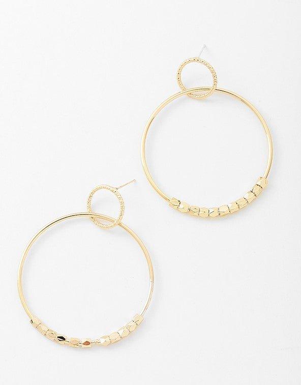 Gold hoop dangle earrings set with thin hoops and bead-link chain across bottom