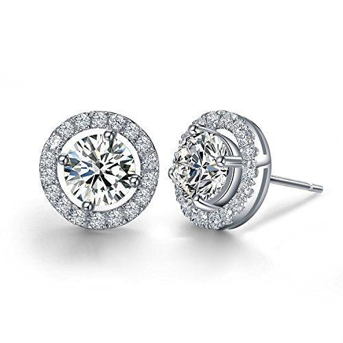Cubic zirconia halo stud earrings with round clear stones, silver-tone