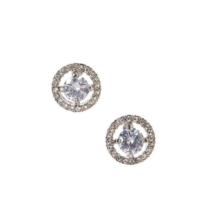 Round cubic zirconia stud earrings with glitter halo, silver-tone posts