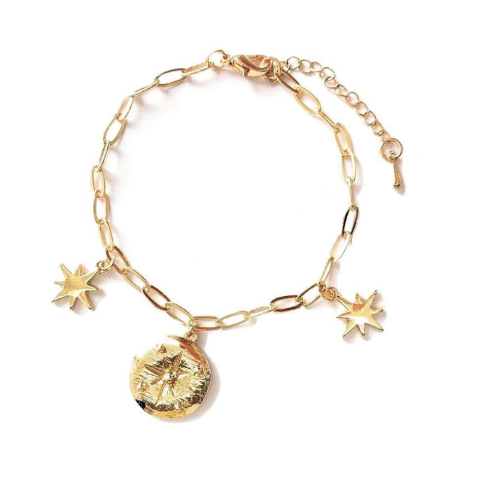 Gold-tone link charm bracelet with star charms and round locket pendant