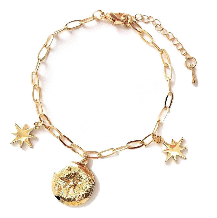 Gold-tone charm bracelet with star charms and round locket pendant, clasp shown