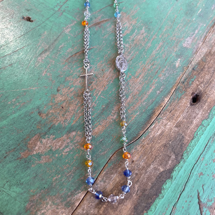 Sterling Silver Multi Color Rosary Inspired Necklace