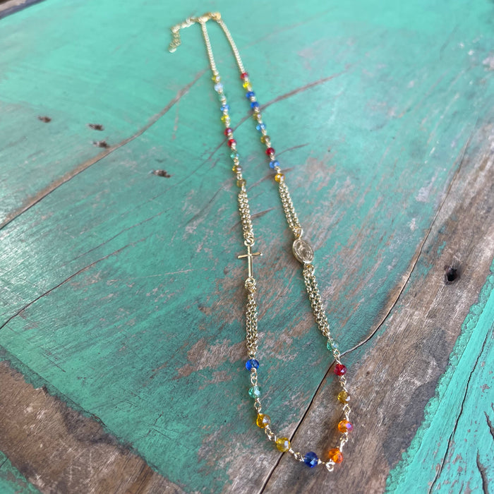 Sterling Silver Multi Color Rosary Inspired Necklace