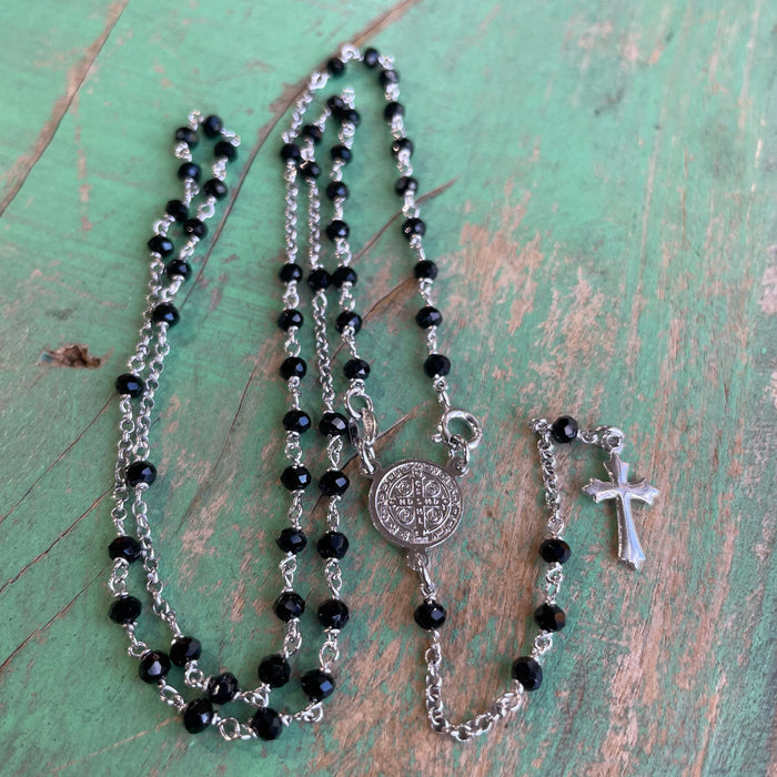 Sterling Silver Black Crystal St Benedict Rosary Necklace