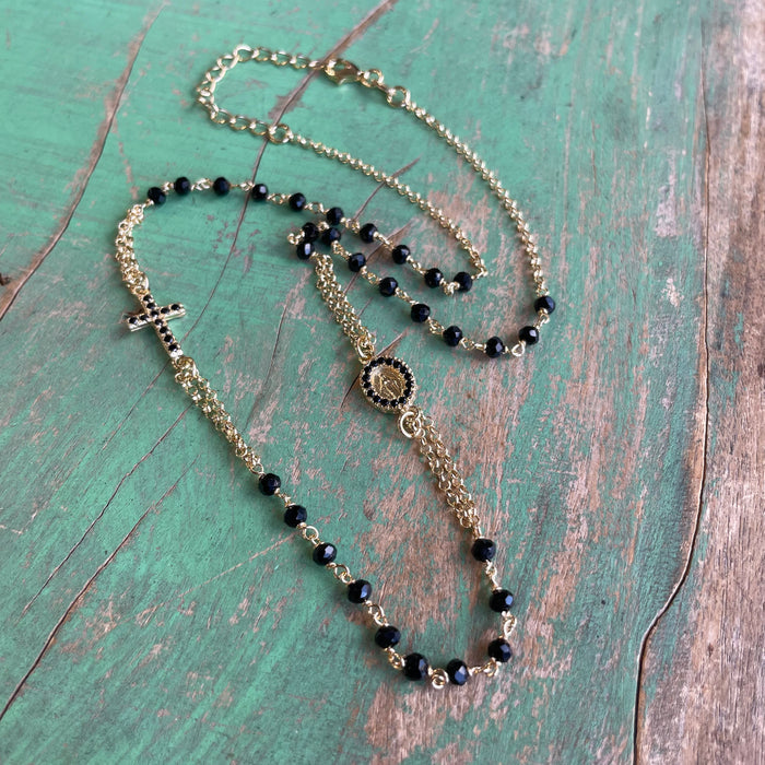 Sterling Silver Black Crystal CZ Rosary Inspired Necklace and Bracelet