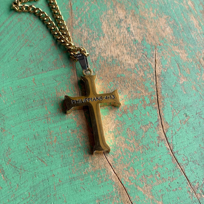 Iron Thick Gold Cross 24” Necklace