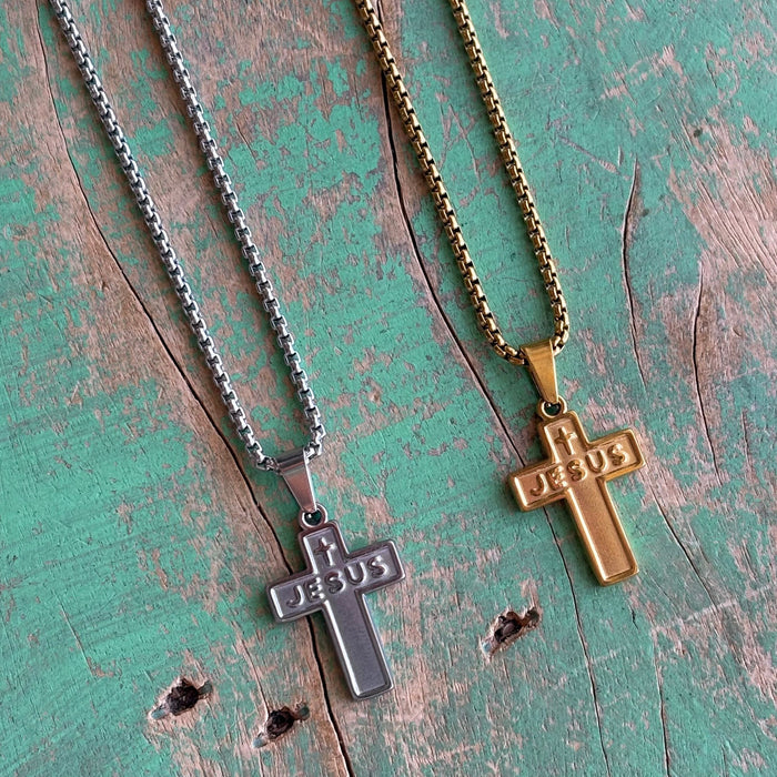 Jesus Cross Necklace – 19" Stainless Steel Rolo Chain | Gold or Silver