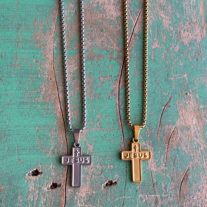 Jesus Cross Necklace – 19" Stainless Steel Rolo Chain | Gold or Silver