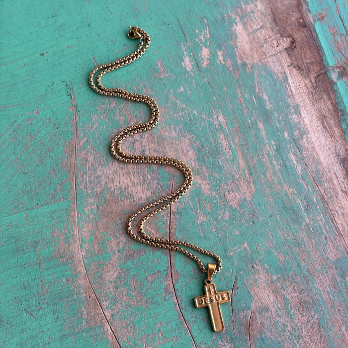 Jesus Cross Necklace – 19" Stainless Steel Rolo Chain | Gold or Silver