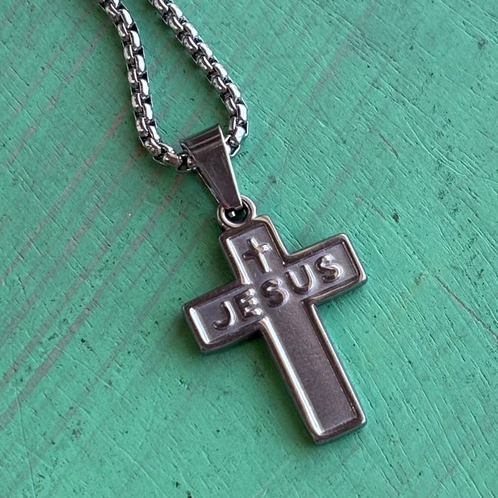 Jesus Cross Necklace – 19" Stainless Steel Rolo Chain | Gold or Silver