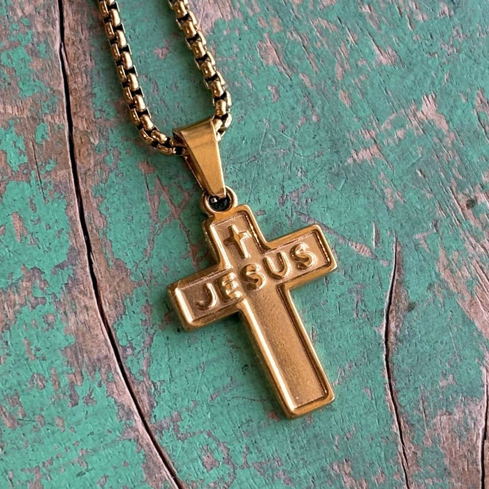 Jesus Cross Necklace – 19" Stainless Steel Rolo Chain | Gold or Silver