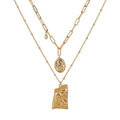 Gold layered necklace with Jesus pendant and round medallion, linked chain.