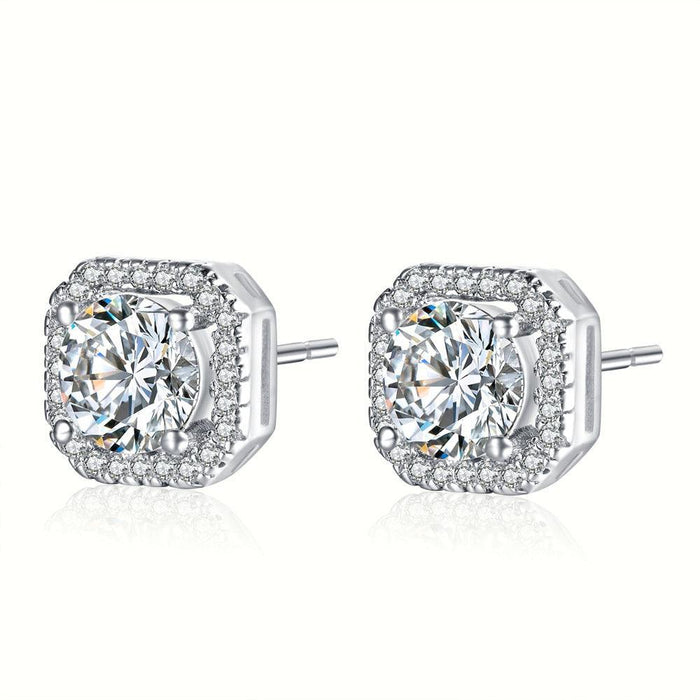Crystal stud earrings with square halo and round clear center stone, silver-tone