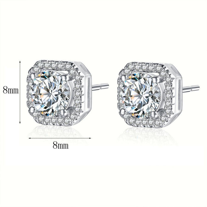 Crystal stud earrings with square halo, round clear stone, 8mm x 8mm silver-tone