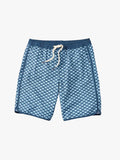 A pair of kids Anchor Trunks with a geometric pattern in shades of blue, featuring a drawstring waist against a white background.