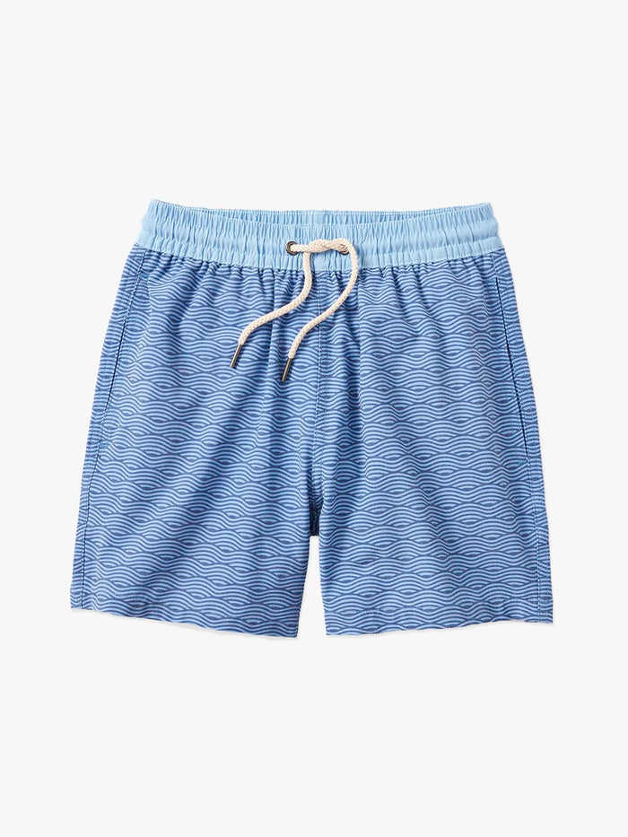 Bayberry shorts with light blue waistband and two toned blue wave pattern across shorts on a white background.