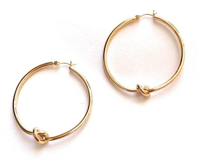 Pair of gold knot hoop earrings, circular hoops with twisted knot detail