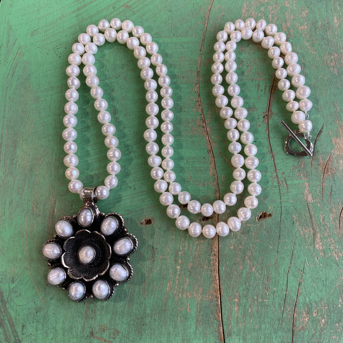 Knotted Freshwater Pearl Flower Necklace