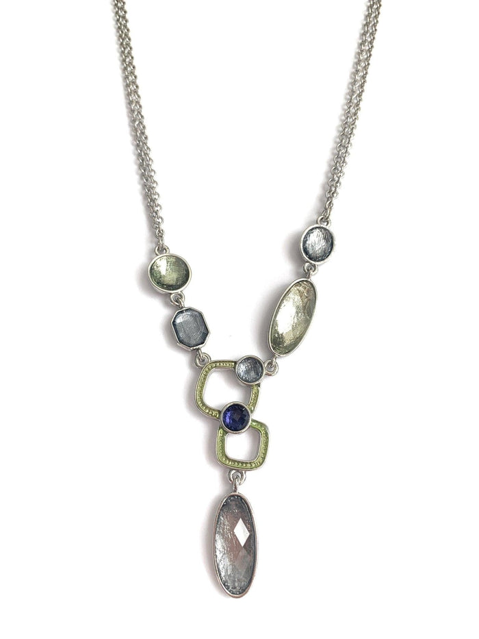 Silver statement necklace with oval and faceted crystals in green, blue, and gray